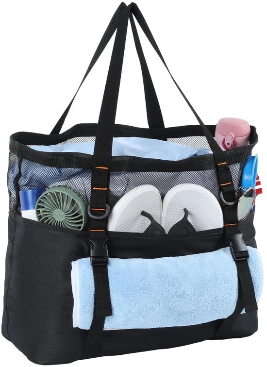 Borsa da spiaggia con cerniera - grande design - borsa da spiaggia impermeabile con più compartimenti, borsa da viaggio shopper per donne per vacanza e spiaggia - nera