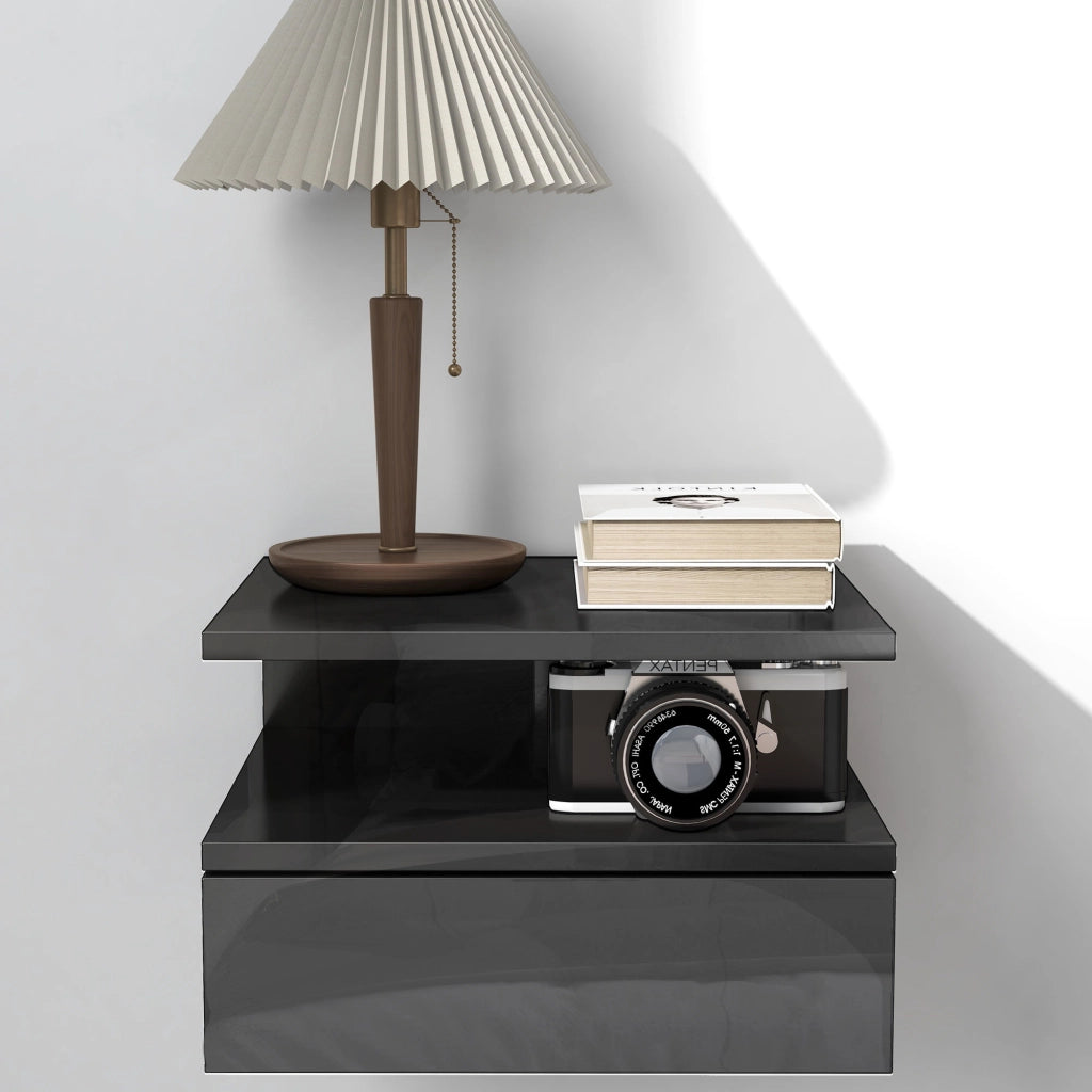 Comodino Moderno con Cassetto e Ripiano Aperto ¨C zephmum ¨C 35x32x22,5 cm Nero Lucido
