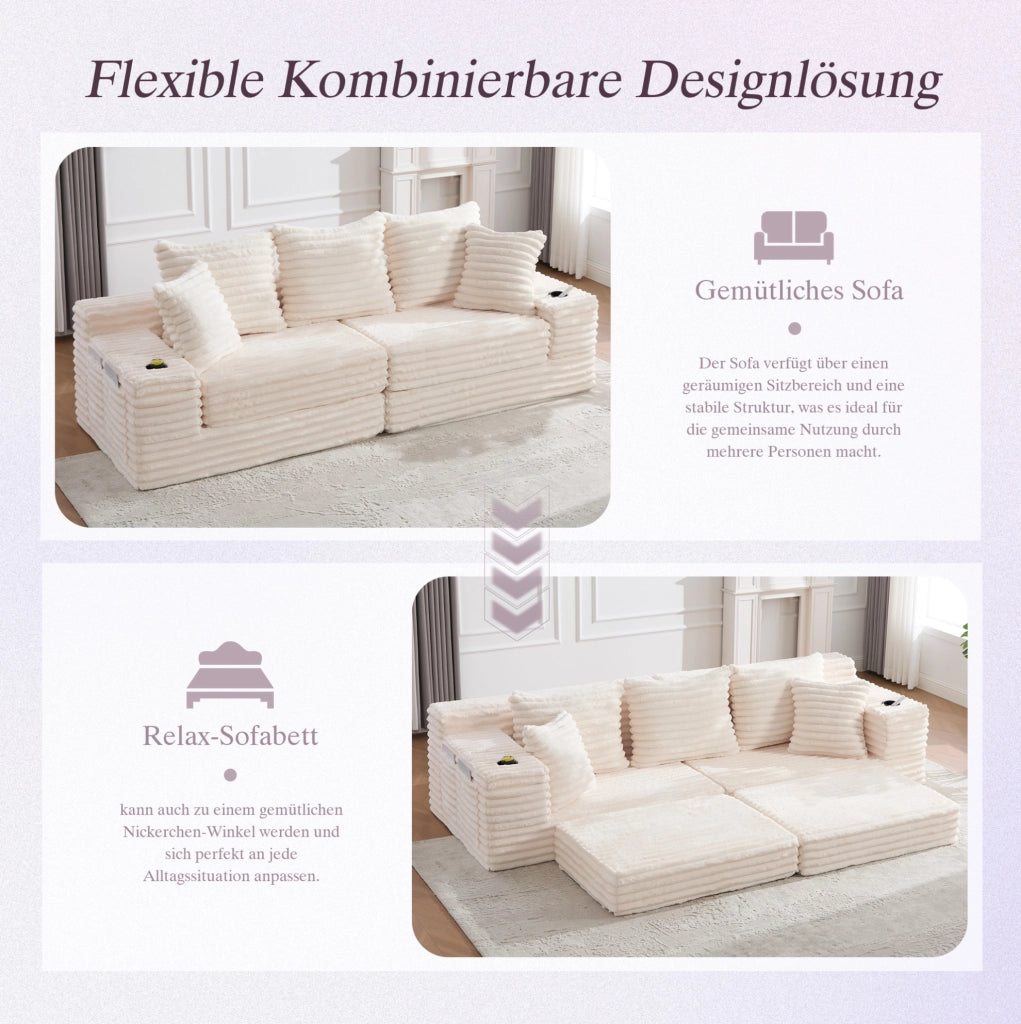 Divano modulabile in velluto a coste beige con tasche laterali e portabevande