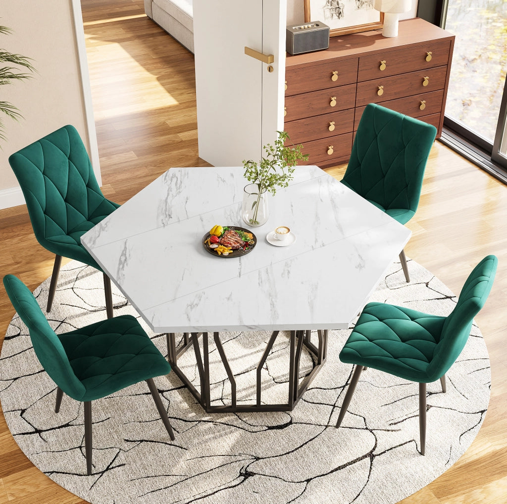 Tavolo da pranzo esagonale moderno 115;5 x 100 cm; piano effetto marmo bianco; base in metallo nero