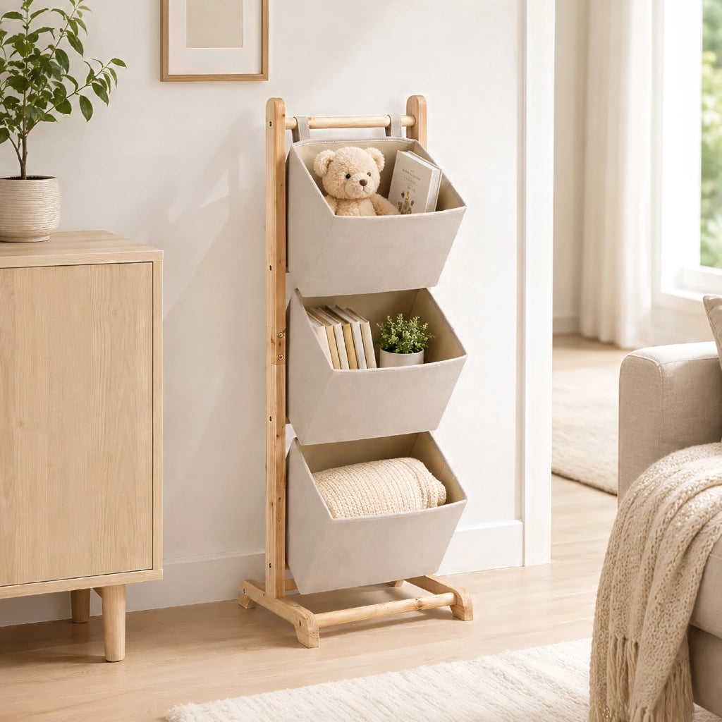 Mobiletto Portaoggetti Con 3 Cestini in Tessuto, Struttura in Legno, Organizer Salvaspazio 35 x 35 x 101,5 cm per Camera, Soggiorno e Cameretta, Beige