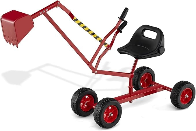 Escavatore Giocattolo, Ruspa Cavalcabile per Bambini con Comandi a 2 Mani e Pala Flessibile, Sedile Rotante 360°, 4 Ruote, per Bambini 3 Anni+ (con Ruote Rosso)