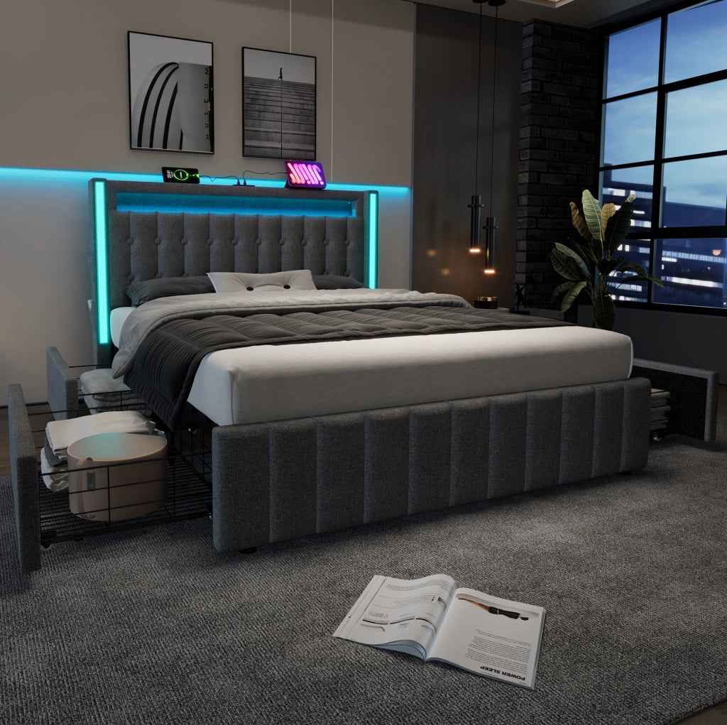 Letto matrimoniale 160x200 cm con LED; USB C e 4 cassetti; rivestimento in lino grigio
