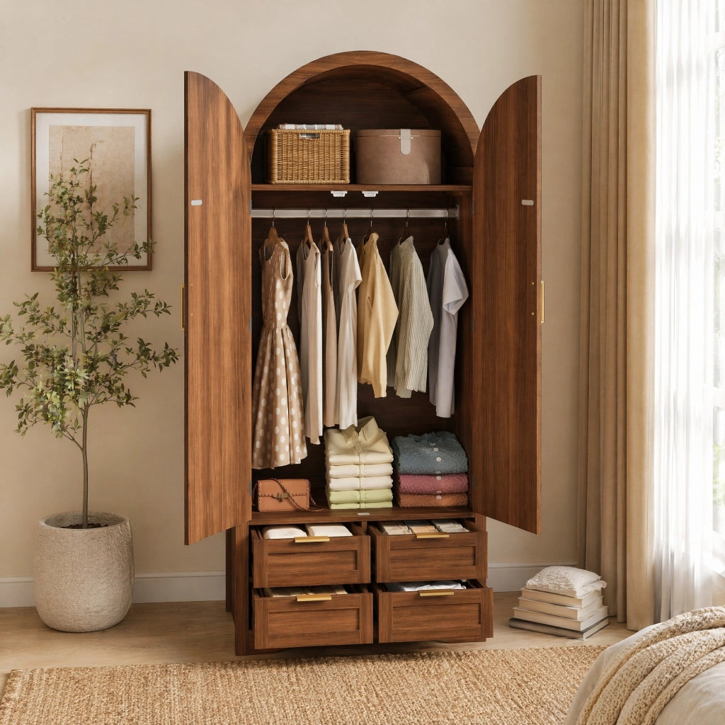 Armadio guardaroba con ante curve e rattan; 80x50x179 cm; MDF color noce