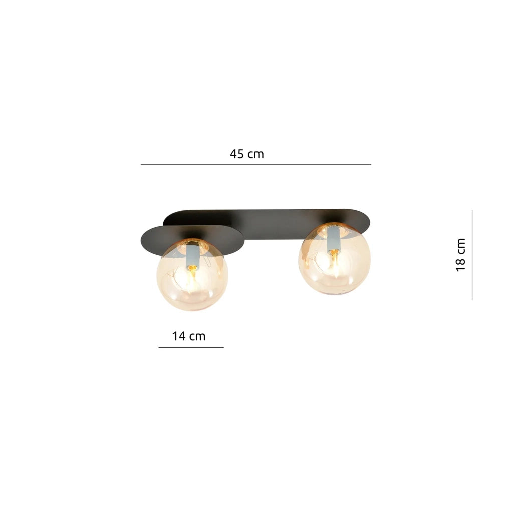 Plafoniera Minimal 2 Luci Teia In Acciaio Nero E Sfere Vetro Ambra