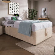 Letto imbottito 90x200 cm con contenitore, USB Type-C, base in legno massello, senza testiera