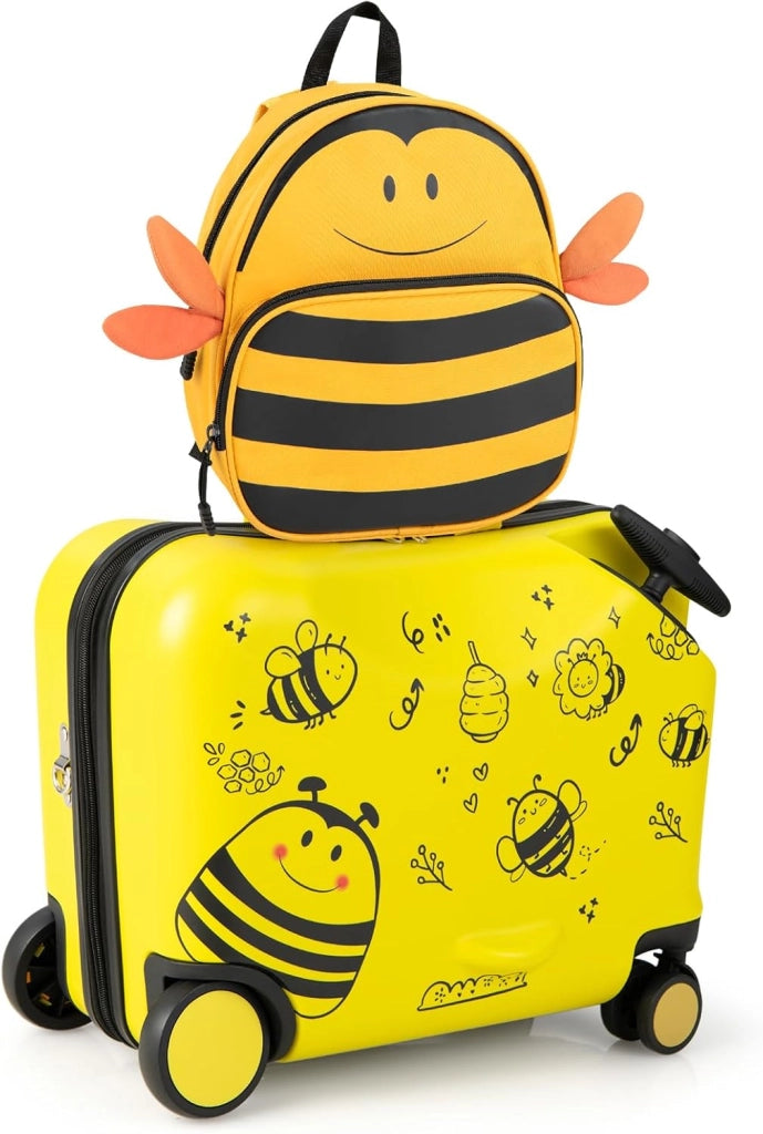 Set di Valigia Cavalcabile 18’’ + Zaino 12’’ per Bambini 2 Pezzi, Bagagli 2-in-1 di con Maniglia Telescopica e 4 Ruote, Trolley Bagaglio a Mano e Zaino per Bambini (Giallo Ape)