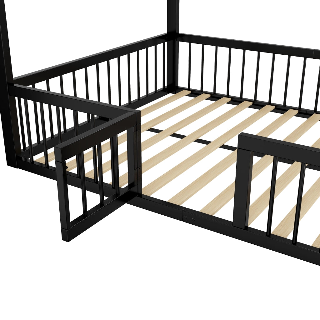 OKWISH Letto a casetta 140×200 cm, Letto Matrimoniale con Sponde e Cancelletto, senza Materasso, in Metallo, Nero