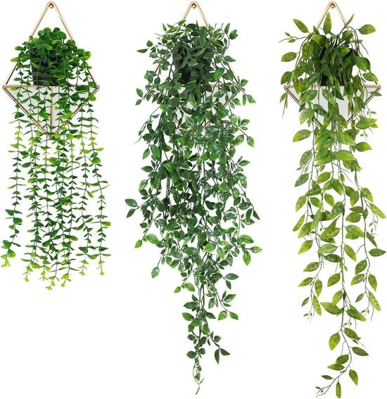 Piantine di finto verde - con vaso piantine di finto verde - piantine di finto verde con foglie - piantine di finto verde realistico - mandala - pisello - adatto per ufficio - giardino - festa e altri eventi - 3 pezzi - eucalipto doppio verde spray bianco