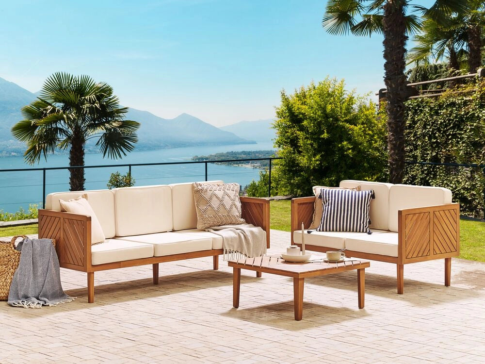 Divano da giardino in legno di acacia 3 posti beige chiaro cuscino da seduta con imbottitura a doghe design patio esterno stile moderno