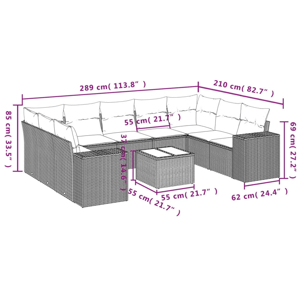 Set Divano da Giardino 10 pz con Cuscini Grigio in Polyrattan