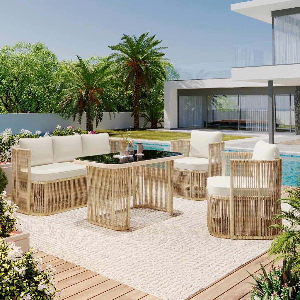 Set di mobili da giardino in rattan in PE a 5 pezzi con divano a 3 posti 2 poltrone e tavolo di vetro ¨C Set soggiorno esterno con cuscini in poliestere struttura in acciaio e piano in vetro temperato per patio e balcone