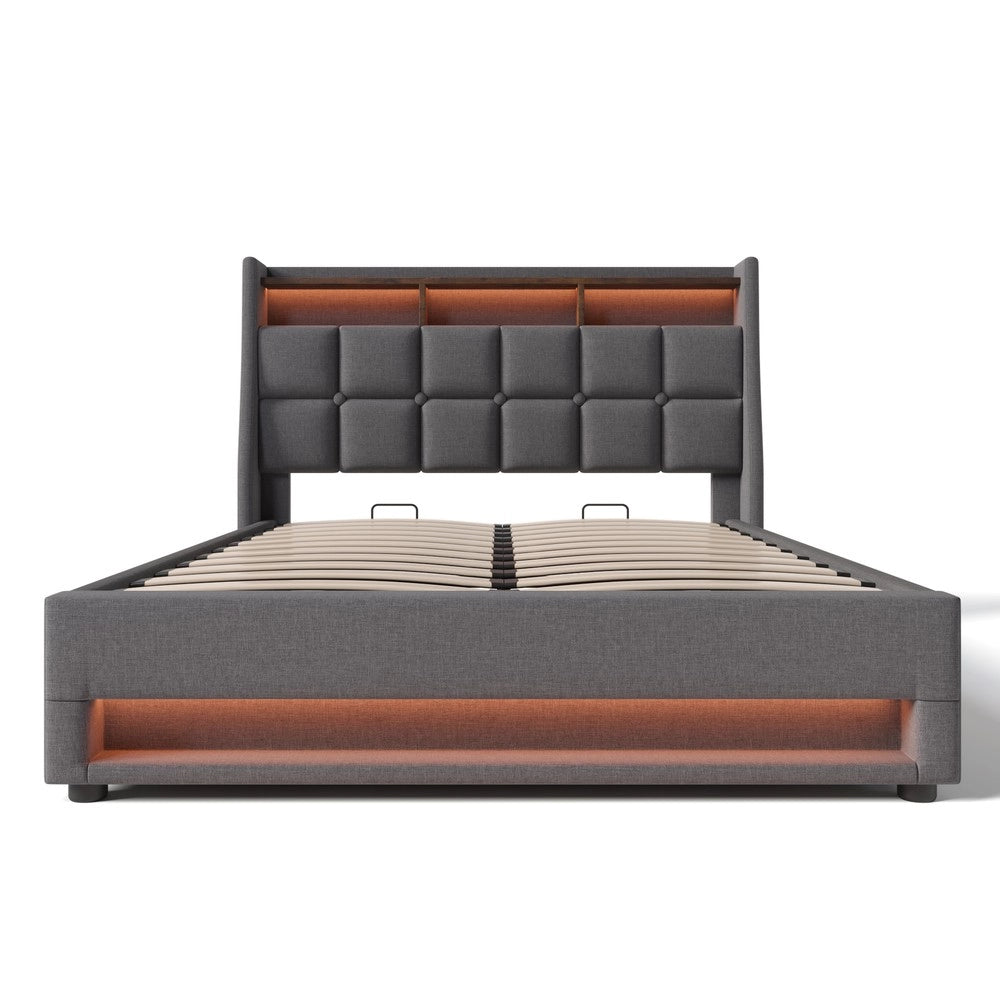 Letto Imbottito con LED e USB ¨C MINIMAL ¨C Matrimoniale 140x200, Rete a Doghe, con Materasso