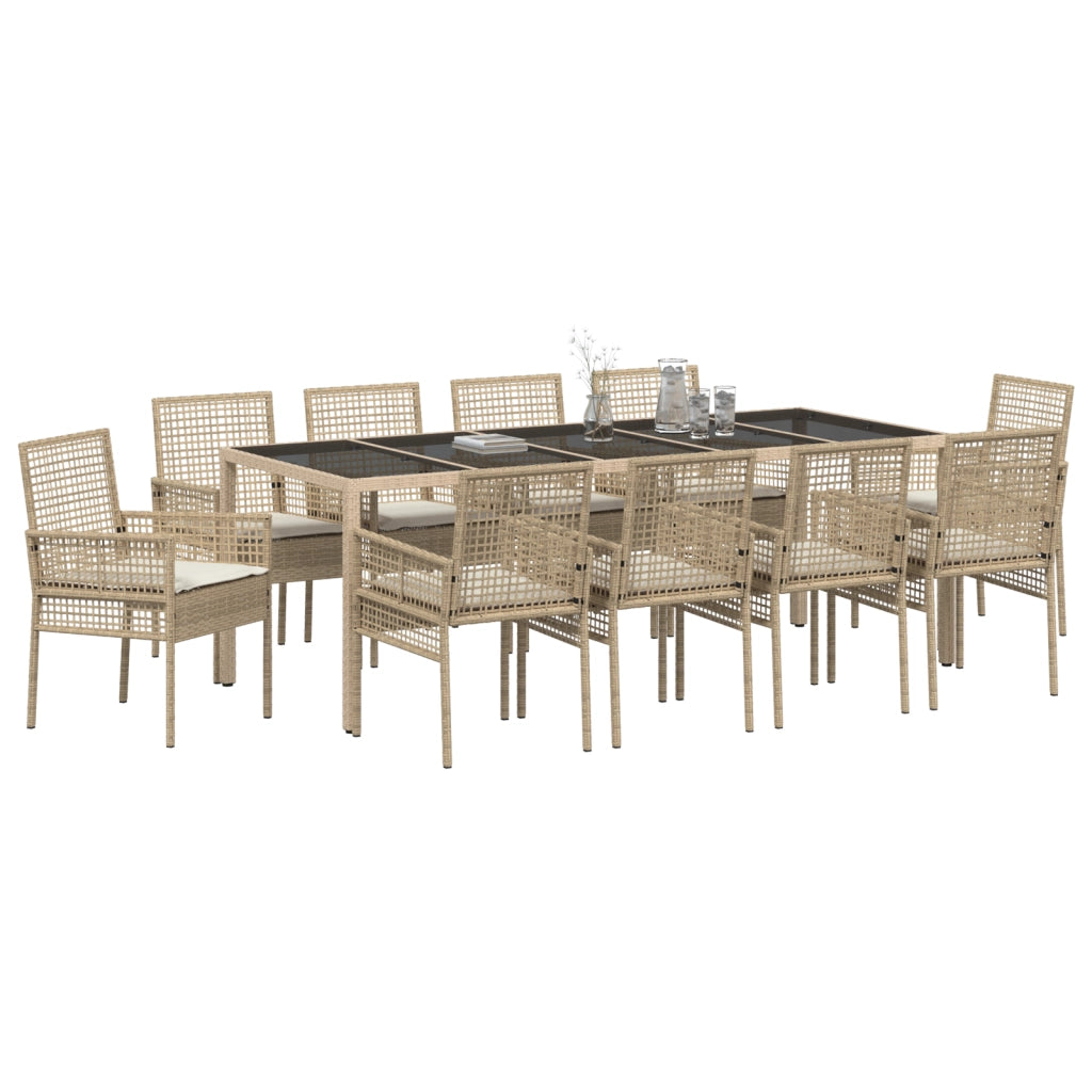 Set da Pranzo per Giardino da 11 Pezzi con Cuscini Beige Polyrattan