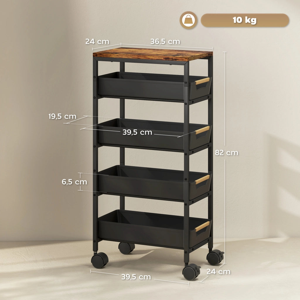 Carro da cucina con cassetti e ruote ¨C Zephmum ¨C Nero eff. legno 39.5x24x82 cm