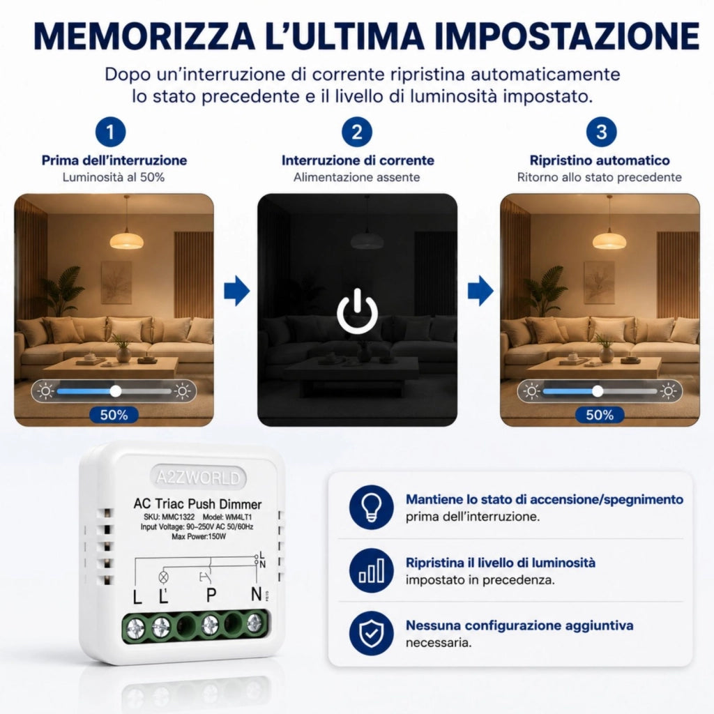 Push AC Triac Dimmer, per Lampada Led Dimmerabile Taglio di Fase, AC 220V 1A Max 150W, Regolabile 10-100%, Sincronizzabile con più Dimmer