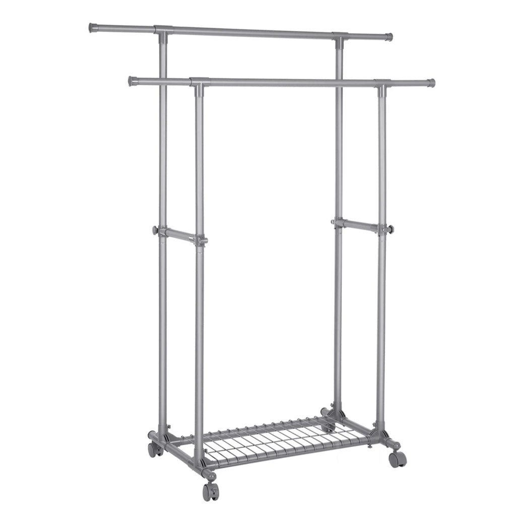 Appendiabiti mobile a doppia barra estensibile da 87 a 150 cm con ruote e ripiano portaoggetti portata 70 kg per cappotti e sciarpe grigio 12_0003488