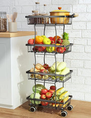 Carrello per verdure, 4 livelli, vassoio per frutta e verdura con ruote, contenitore per verdure e frutta in metallo con ruote e suola antiscivolo, per la conservazione di verdure e frutta, nero