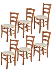 Set 6 Sedie Venice Tommychairs, struttura in faggio verniciata in color ciliegio e seduta rivestita in tessuto avorio