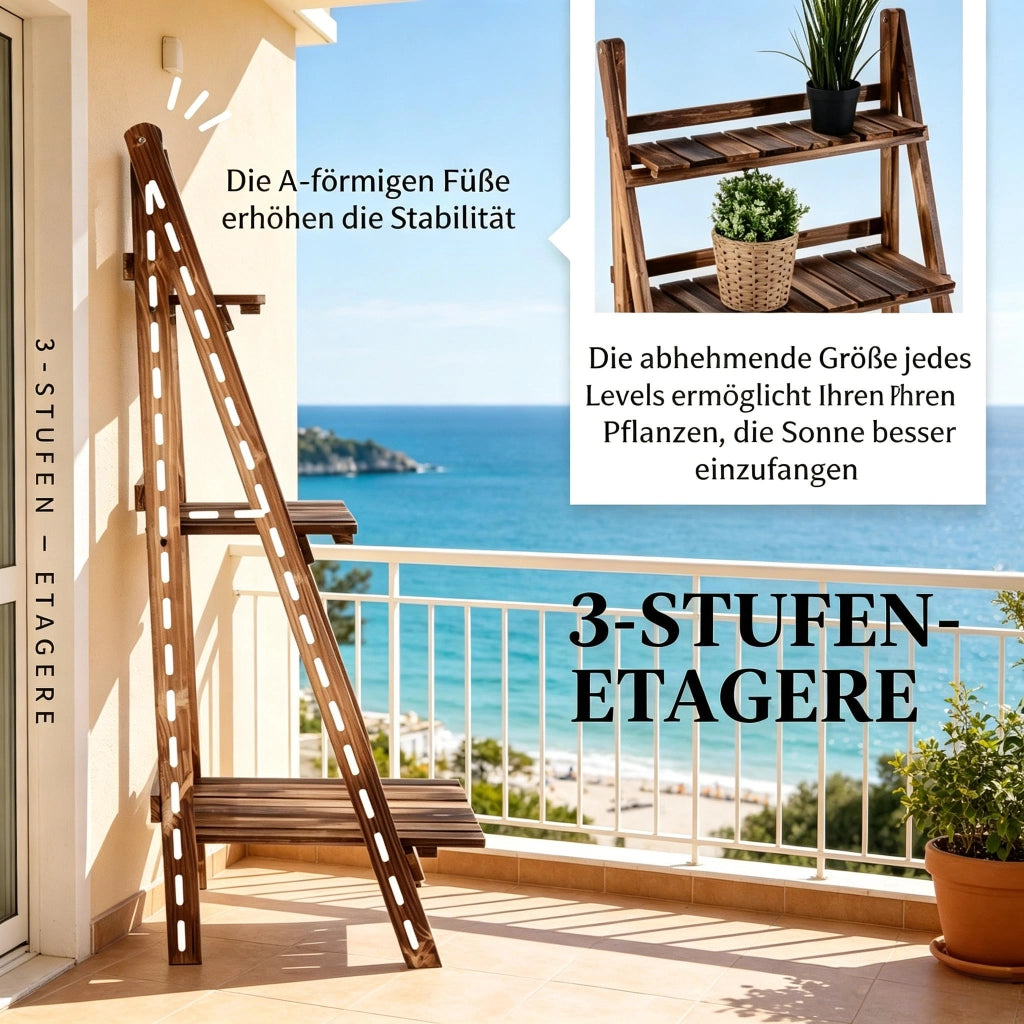 Scaffale pieghevole a piramide a 3 ripiani in legno di abete per piante e decorazioni marrone 60 × 37 × 93 cm
