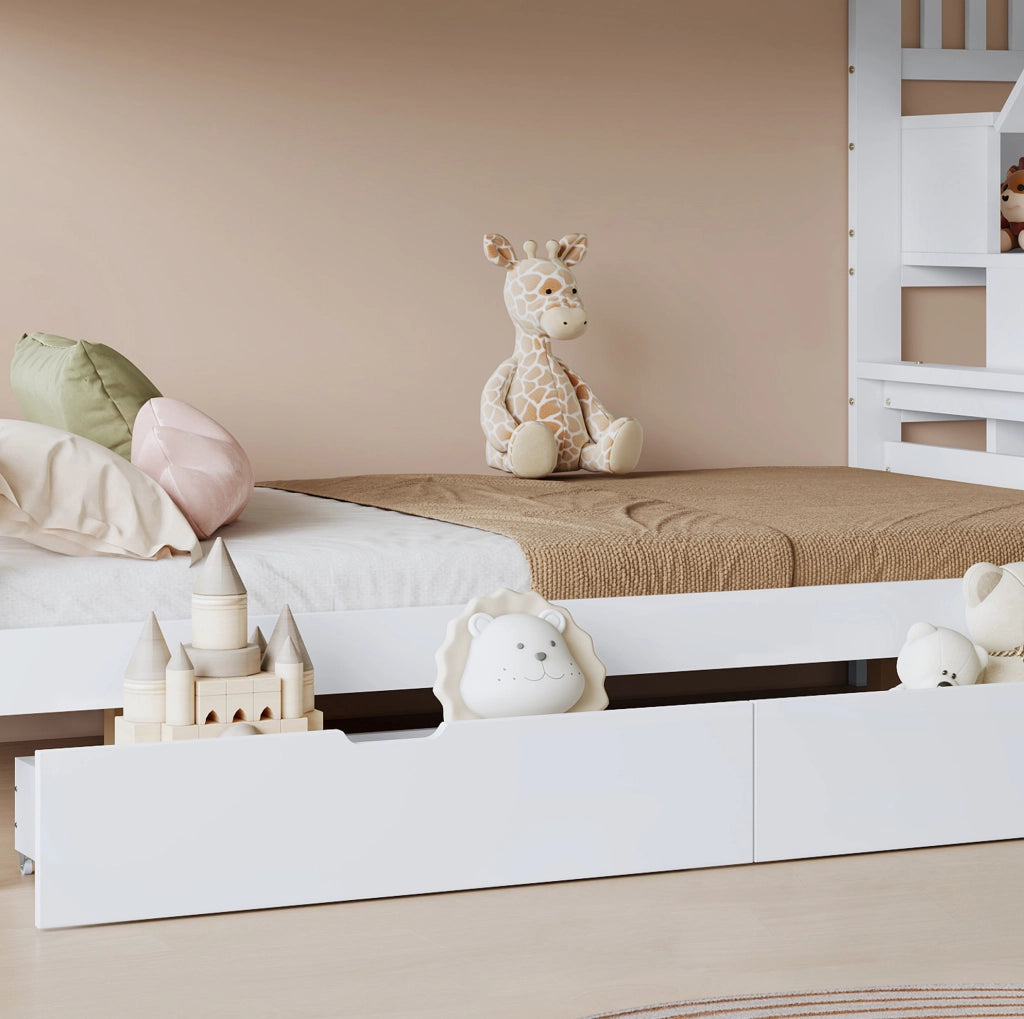 Letto a castello per bambini con 2 cassetti, scala ad angolo e finestre decorative