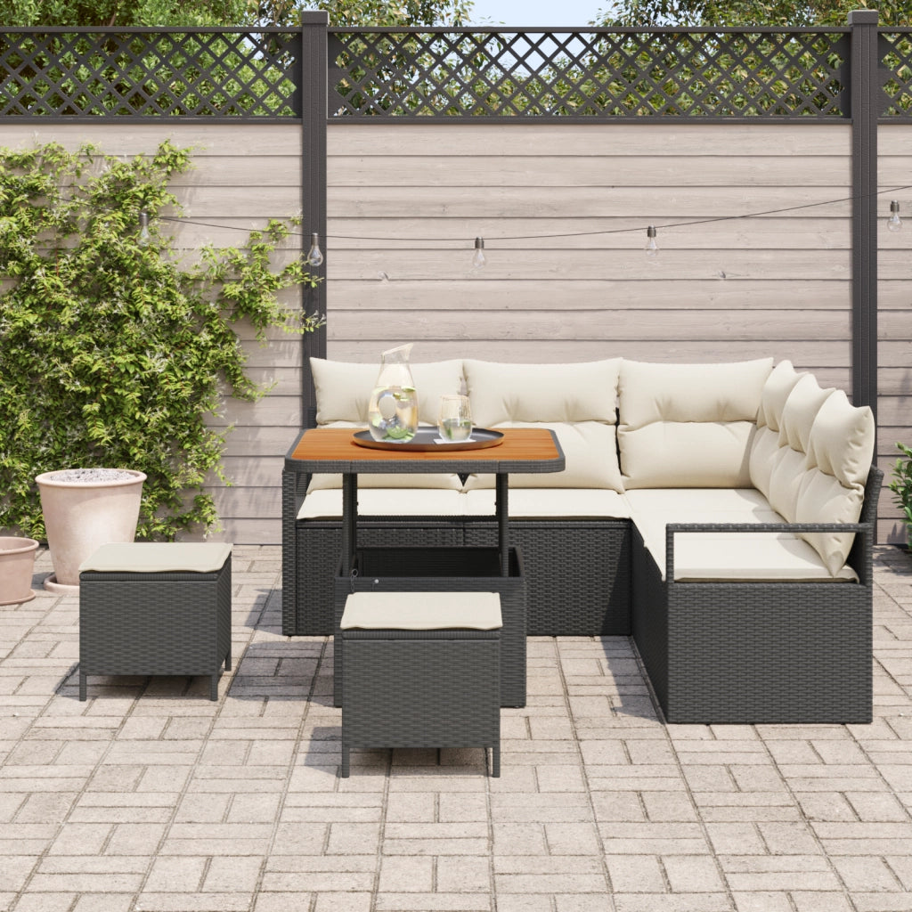 Set di divani da giardino  8 pezzi con cuscini nero polyrattan acacia