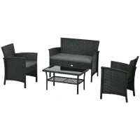 Salotto da Esterno Rattan PE con Divanetto, 2 Poltrone con Cuscini e Tavolino in Vetro, Nero e Grigio