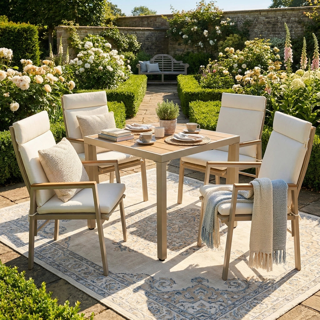 Set Tavolo e 4 Sedie da Giardino ¨C MINIMAL ¨C Ferro Zincato, Piano in Legno Plastica, Beige