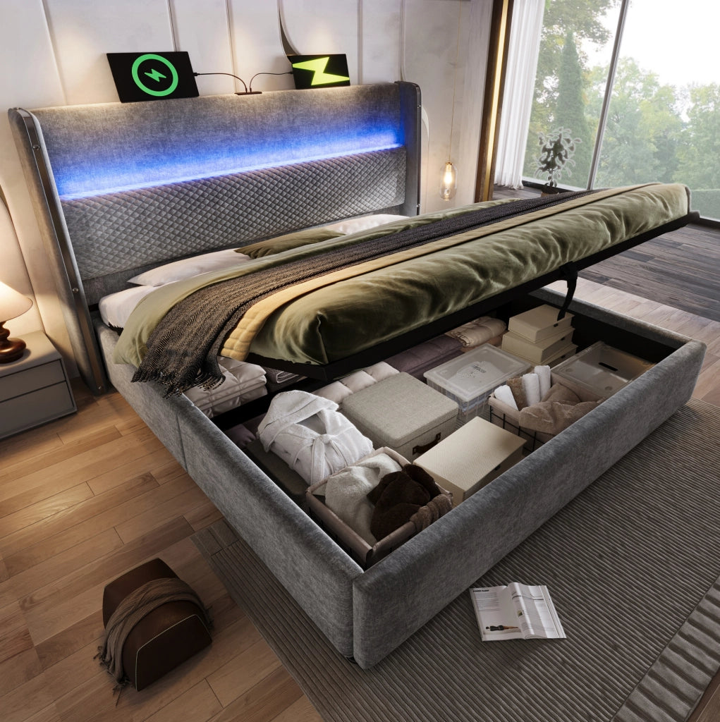 Letto matrimoniale 140x200 cm con testiera alta; LED; contenitore; USB e Type-C; grigio