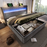 Letto matrimoniale 140x200 cm con testiera alta; LED; contenitore; USB e Type-C; grigio