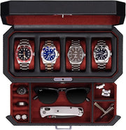 Organizzatore di orologi in legno con 4 contenitori e cassetta di ripostiglio - Display case con vetrina in vetro reale, organizzatore di gioielli di lusso per uomini e donne (rosso)