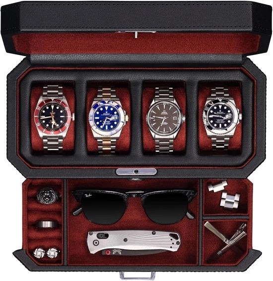 Organizzatore di orologi in legno con 4 contenitori e cassetta di ripostiglio - Display case con vetrina in vetro reale, organizzatore di gioielli di lusso per uomini e donne (rosso)