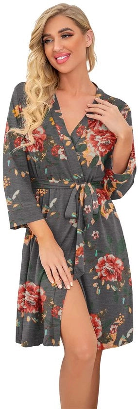 Kimono da bagno per donna Leggero Kimono da camera per donna a V con manica a kimono (disegno floreale nero, XL)