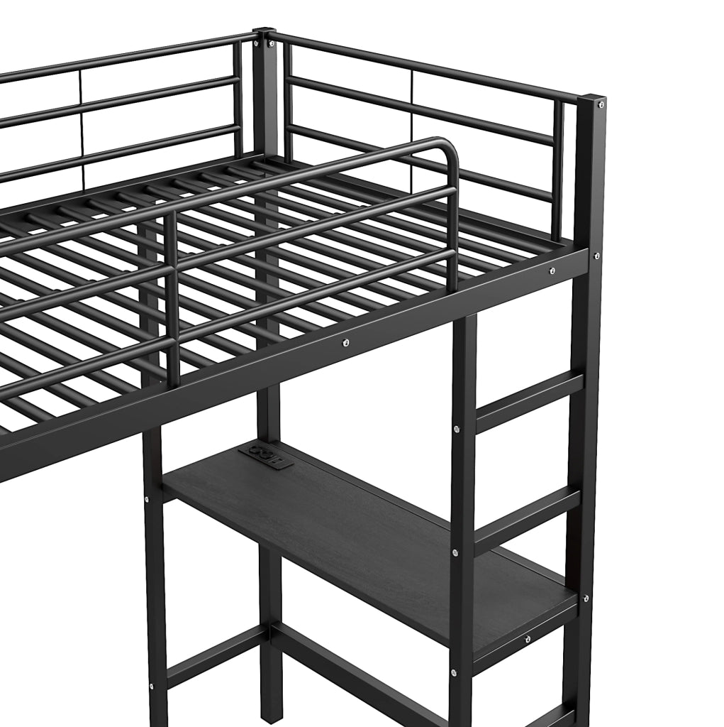 Letto a soppalco ULEVR 90x200 cm con scrivania, presa e USB, ripiani e vano aperto, nero