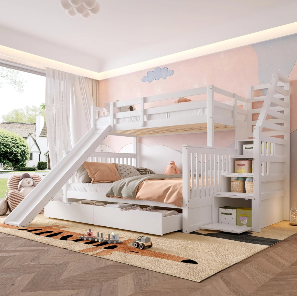 Letto a castello multifunzionale bianco 90x200 su 140x200 con scivolo e cassetti