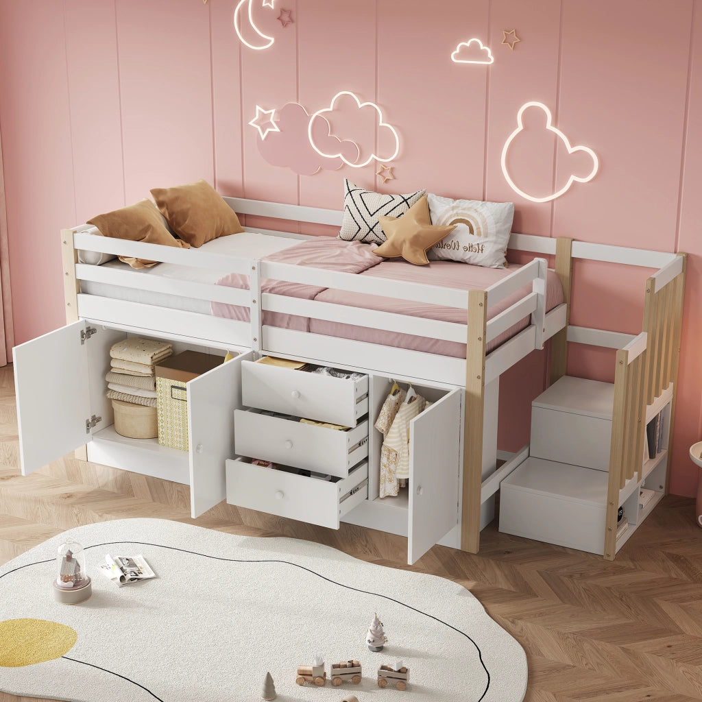 Letto a castello bianco con scala cassetti e armadietti in MDF 90x200 cm