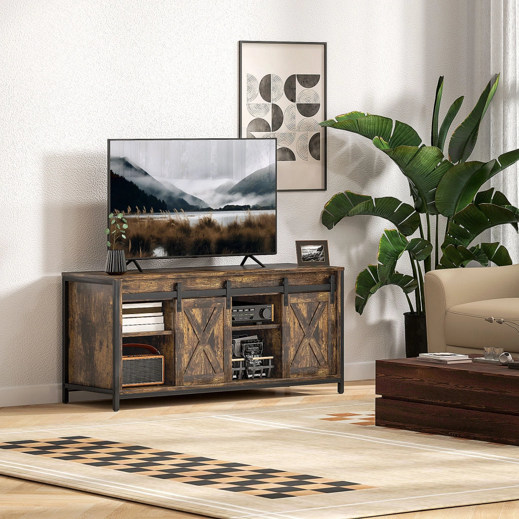 Mobile TV Design Industriale con 6 Ripiani e 2 Ante Scorrevoli ¨C zephmum ¨C Marrone/Nero 160x40x50