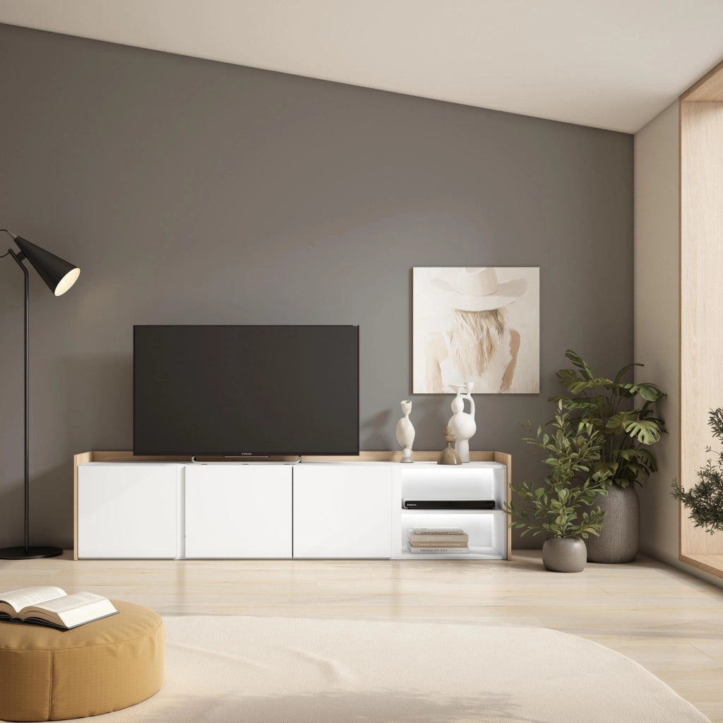 Mobile TV Soggiorno, 207x50x35 cm, Per TV fino a 80", LED, Bianco e Rovere soft