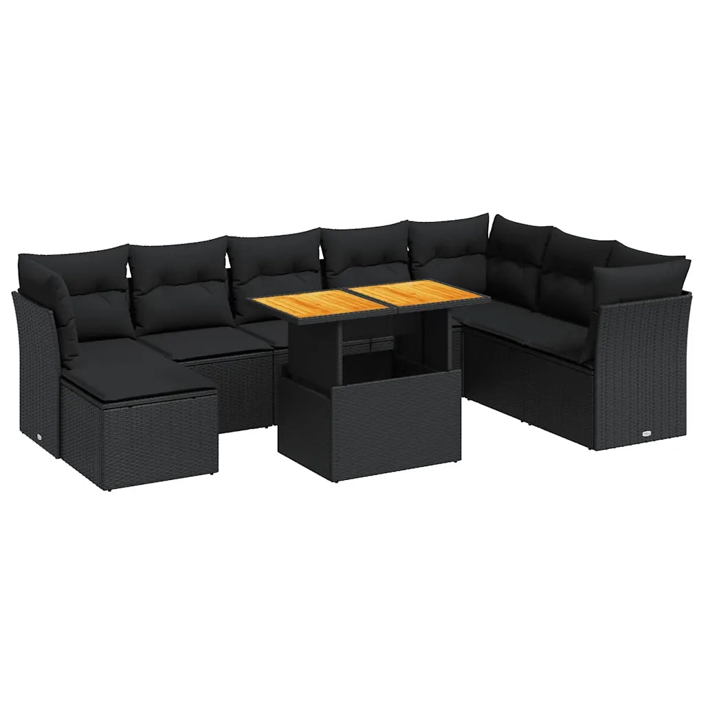 vidaXL Set Divani da Giardino 9 pz con Cuscini Nero in Polyrattan