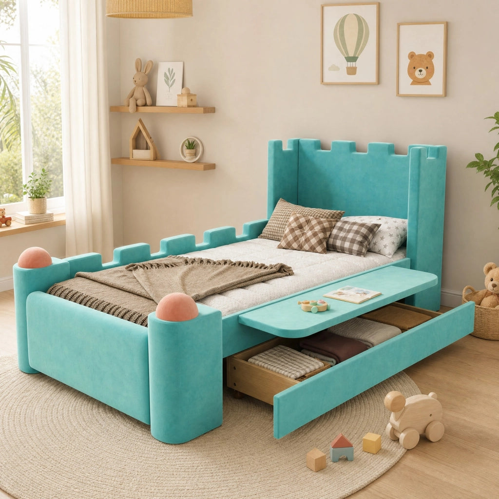 Letto imbottito per bambini con vano laterale e cassetto contenitore