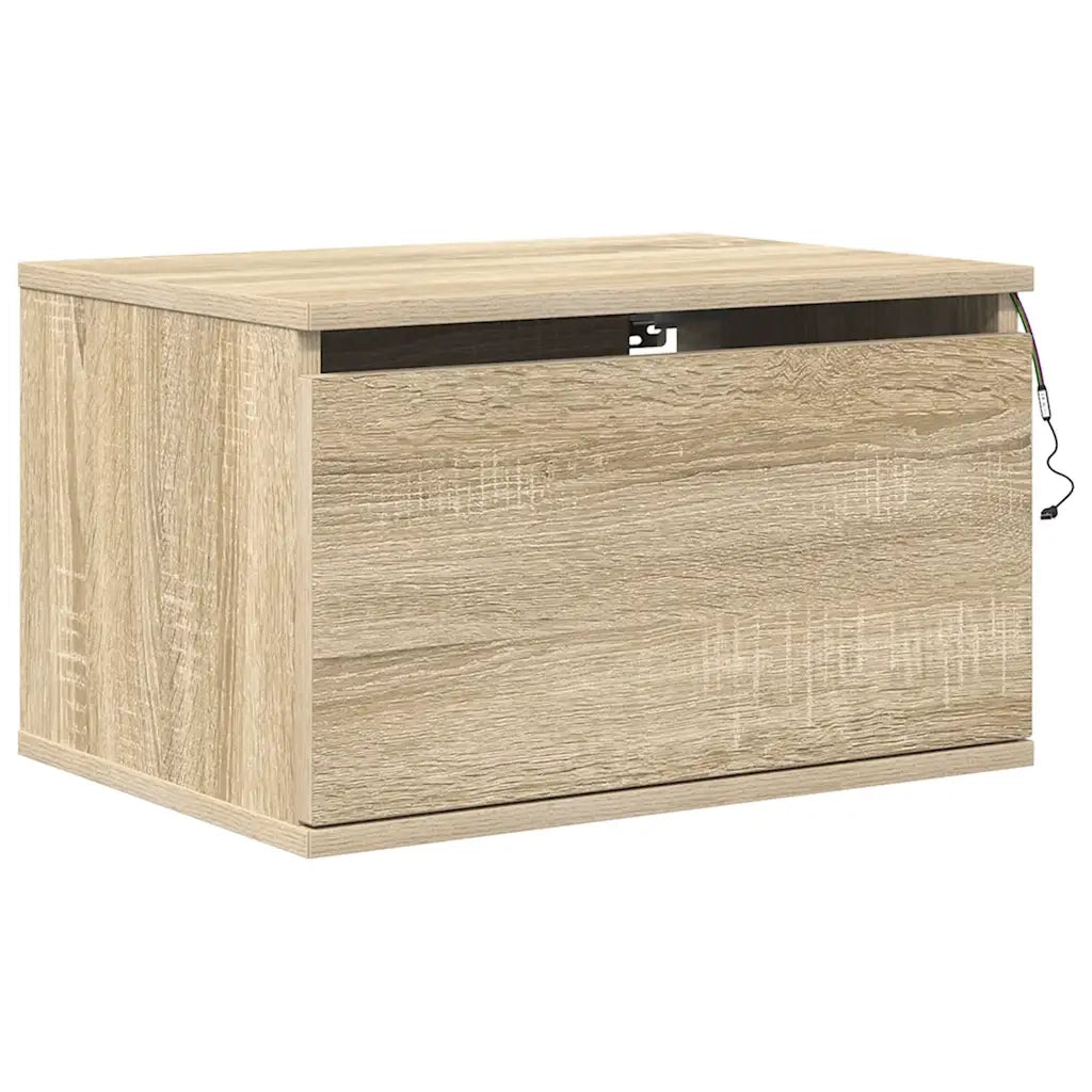 Set di 2 Comodini | Armadio da Notte | Mobiletto da notte a Parete con luci LED Rovere Sonoma