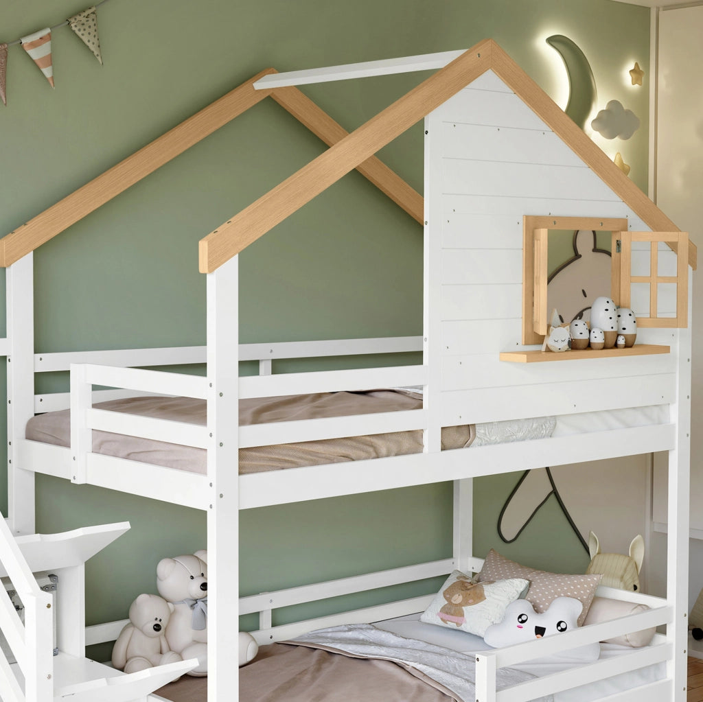 Letto a castello in legno con scale contenitore e cassetti