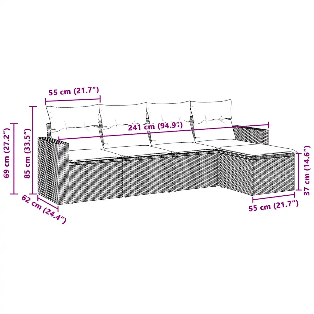 Set Divano da Giardino 5pz con Cuscini Grigio Chiaro Polyrattan