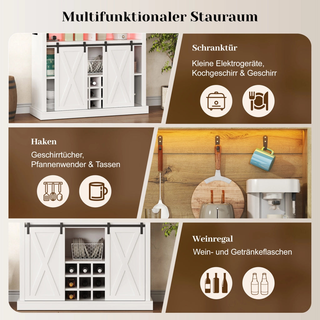 Credenza alta da cucina con LED e prese USB, per cucina e sala da pranzo, in MDF, bianco naturale, 110 × 40 × 191 cm