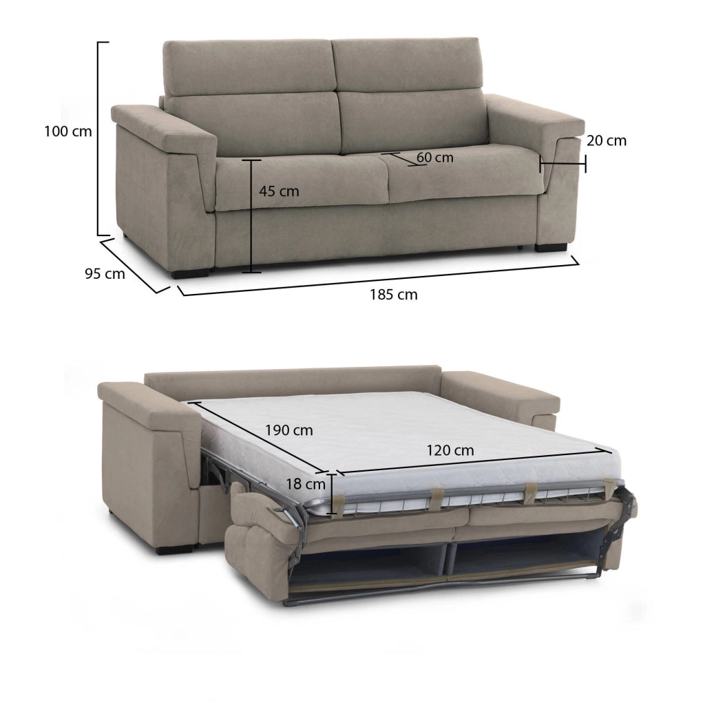 Rigolato, Divano Letto 2 Posti Sfoderabile Made in Italy, 185x95 cm Grigio Tortora