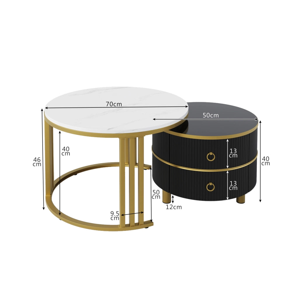 Set di 2 tavolini da caffè rotondi in MDF nero con piano effetto marmo e finitura lucida