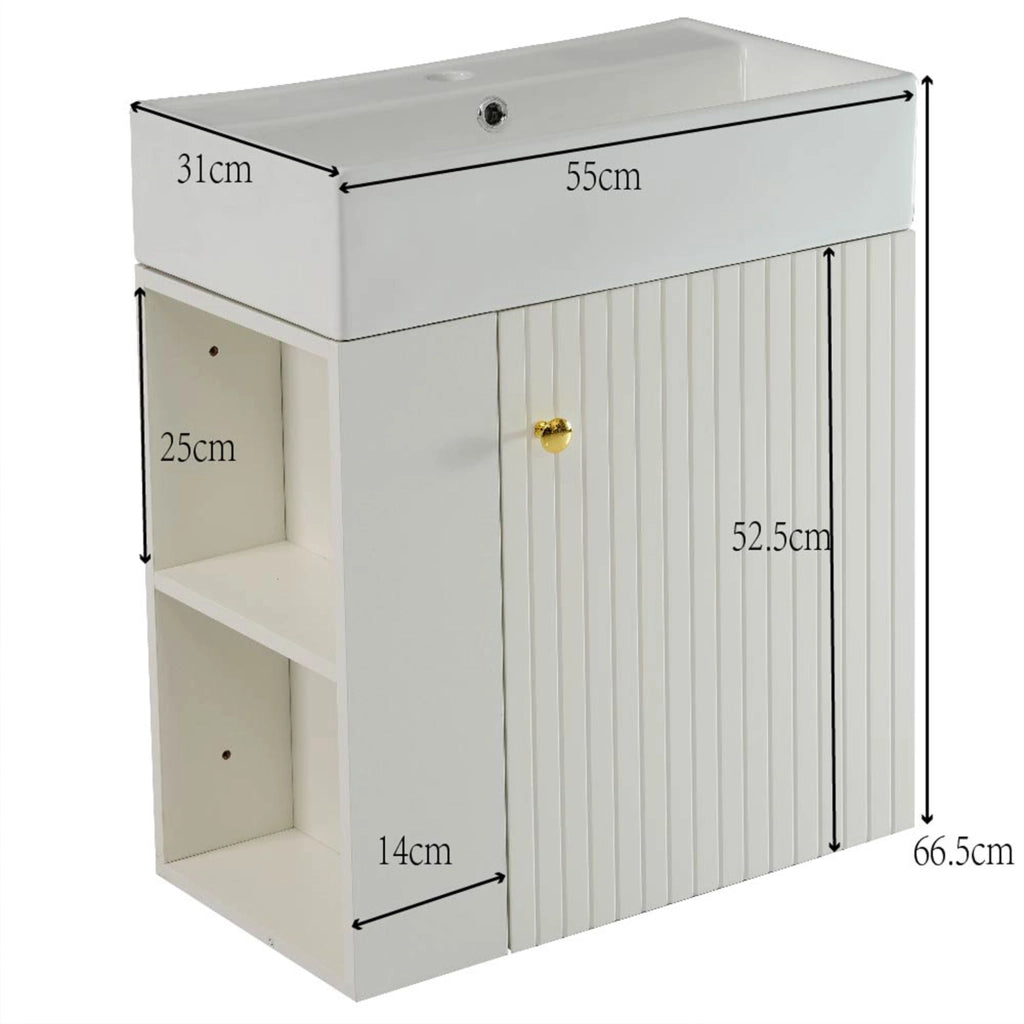Mobile sottolavabo sospeso con lavabo integrato e vani laterali per bagno in truciolato bianco 69 × 52 × 32 cm