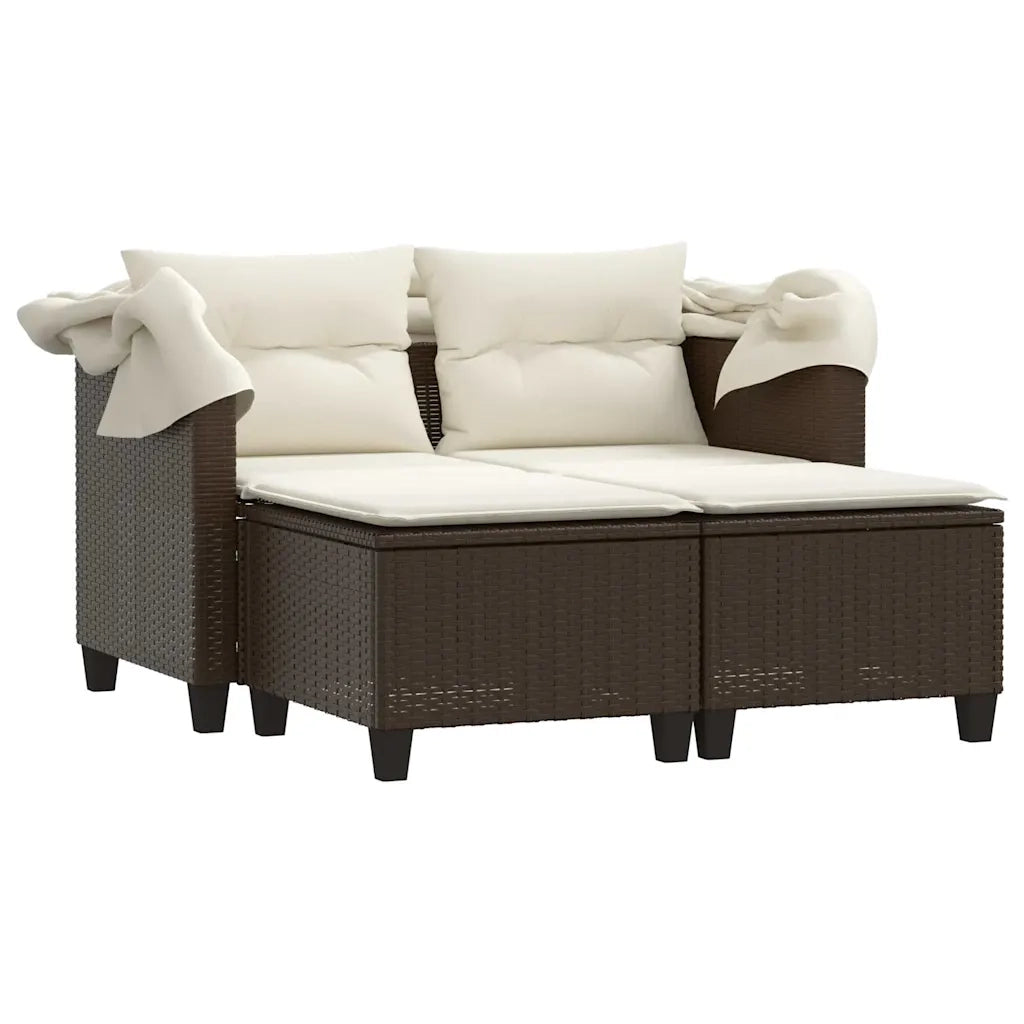 Divano Giardino 2 Posti Baldacchino Sgabelli Marrone Polyrattan 365782