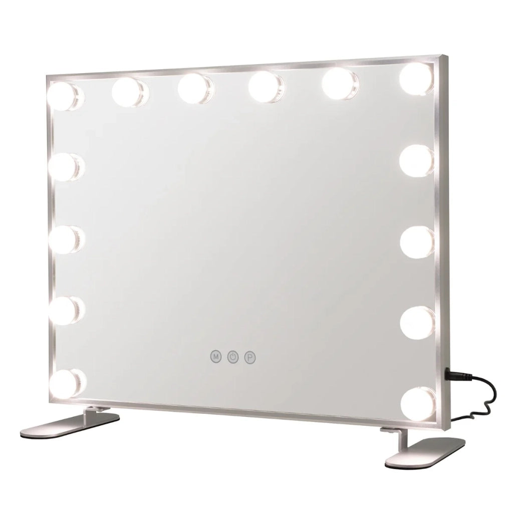 Specchio da toeletta rettangolare 50 x 40 cm con 14 lampadine LED e luminosità regolabile in alluminio argento 20_0019505