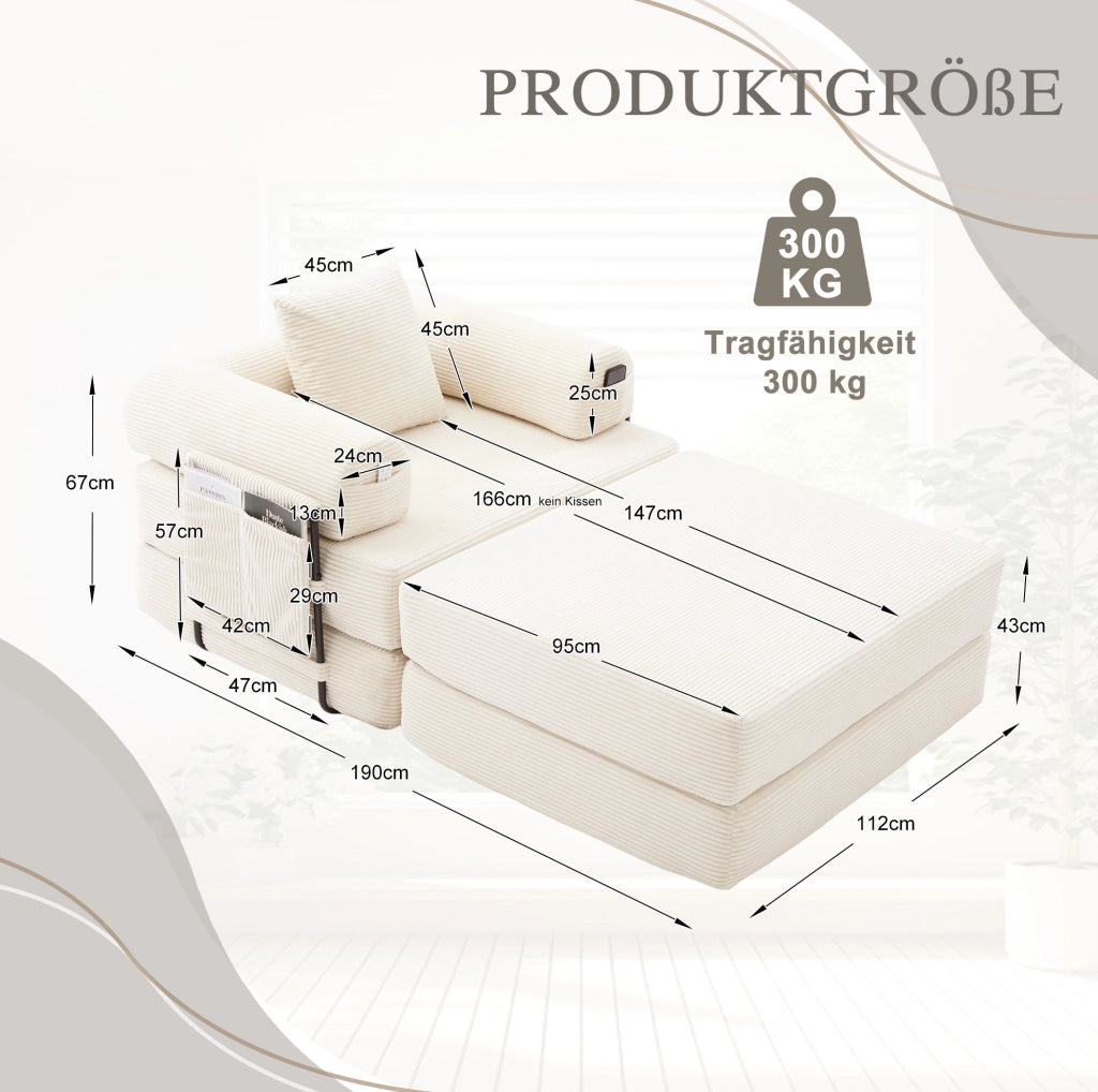 Divano modulare con pouf in velluto a coste; tasca laterale e cuscino; beige 112×190×67 cm